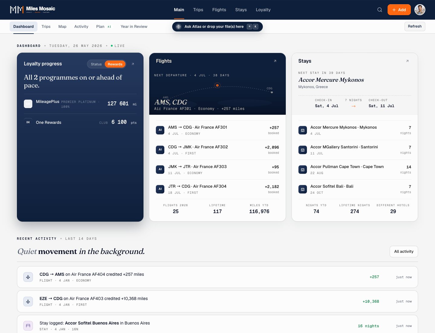 A free Explorer dashboard in Miles Mosaic tracking one airline and one hotel programme